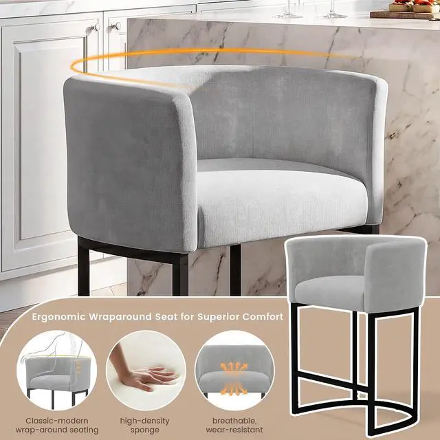 Alt view image 4 of 7 - Chenille Counter Height Bar Stools Set of 2, 26" Kitchen Island Stools with Arms & Footrest, Upholstered Barrel Back Bar Chairs for Kitchen, Dining Room, Bar & Lounge Area, Grey