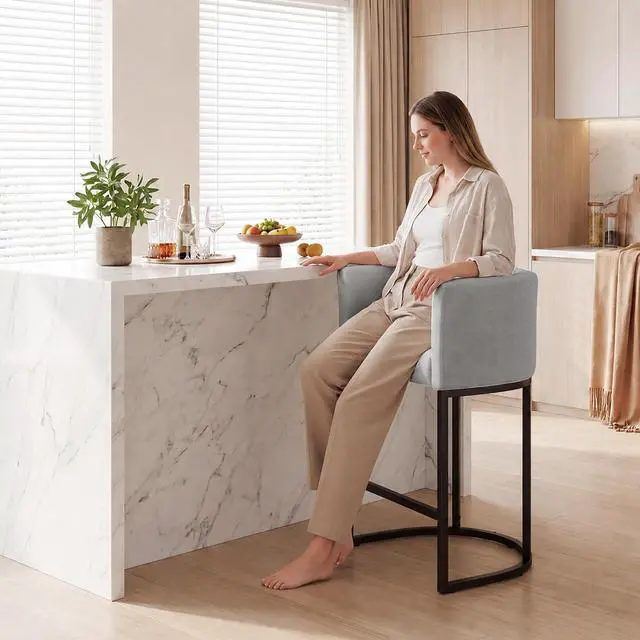 Alt view image 5 of 7 - Chenille Counter Height Bar Stools Set of 2, 26" Kitchen Island Stools with Arms & Footrest, Upholstered Barrel Back Bar Chairs for Kitchen, Dining Room, Bar & Lounge Area, Grey