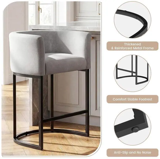 Alt view image 6 of 7 - Chenille Counter Height Bar Stools Set of 2, 26" Kitchen Island Stools with Arms & Footrest, Upholstered Barrel Back Bar Chairs for Kitchen, Dining Room, Bar & Lounge Area, Grey