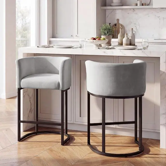 Main image of Chenille Counter Height Bar Stools Set of 2, 26" Kitchen Island Stools with Arms & Footrest, Upholstered Barrel Back Bar Chairs for Kitchen, Dining Room, Bar & Lounge Area, Grey