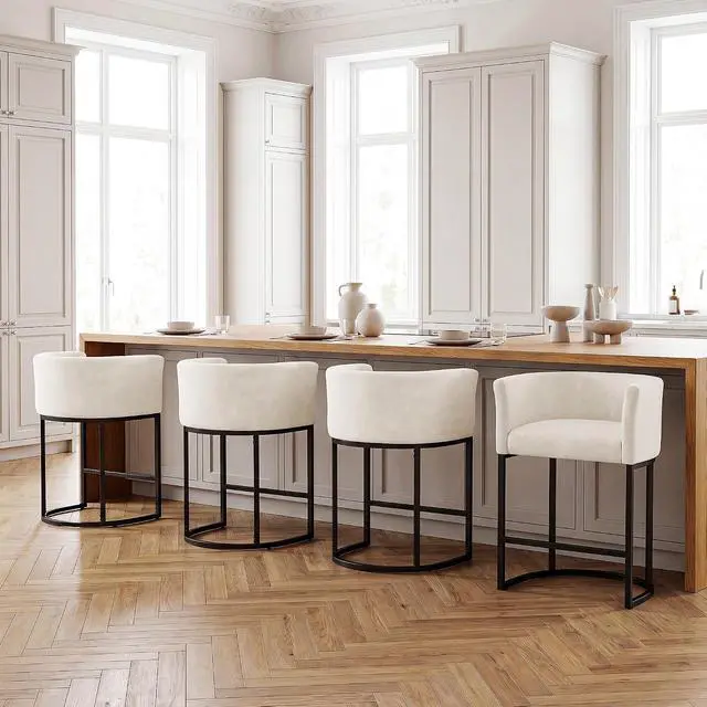 Main image of Chenille Counter Height Bar Stools Set of 4, 26" Kitchen Island Stools with Arms & Footrest, Upholstered Barrel Back Bar Chairs for Kitchen Dining Room, Bar & Lounge Area, Off-White