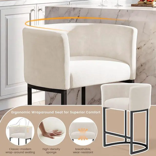Alt view image 4 of 7 - Chenille Counter Height Bar Stools Set of 4, 26" Kitchen Island Stools with Arms & Footrest, Upholstered Barrel Back Bar Chairs for Kitchen Dining Room, Bar & Lounge Area, Off-White