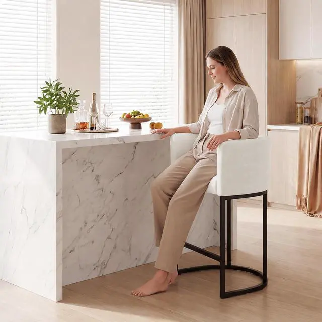 Alt view image 5 of 7 - Chenille Counter Height Bar Stools Set of 4, 26" Kitchen Island Stools with Arms & Footrest, Upholstered Barrel Back Bar Chairs for Kitchen Dining Room, Bar & Lounge Area, Off-White