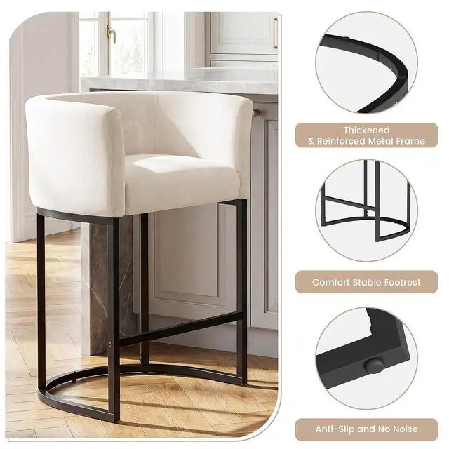 Alt view image 6 of 7 - Chenille Counter Height Bar Stools Set of 4, 26" Kitchen Island Stools with Arms & Footrest, Upholstered Barrel Back Bar Chairs for Kitchen Dining Room, Bar & Lounge Area, Off-White
