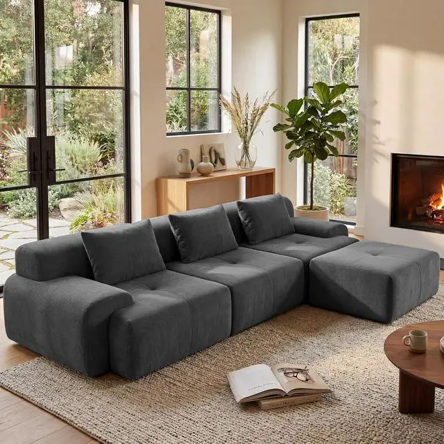 Main image of 118'' Modular Sectional Oversized Boneless Couch, Tufted Cloud Sectional Couches for Living Room, L Shape Deep Seat Sofa with Ottoman & 3 Throw Pillows,Corduroy Couch,Dark Grey