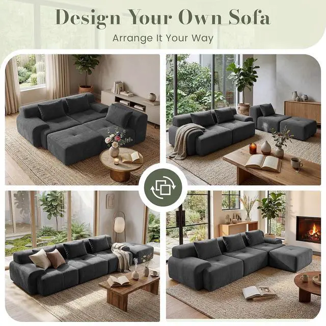 Alt view image 3 of 7 - 118'' Modular Sectional Oversized Boneless Couch, Tufted Cloud Sectional Couches for Living Room, L Shape Deep Seat Sofa with Ottoman & 3 Throw Pillows,Corduroy Couch,Dark Grey