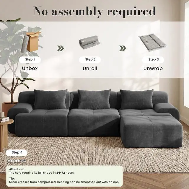 Alt view image 4 of 7 - 118'' Modular Sectional Oversized Boneless Couch, Tufted Cloud Sectional Couches for Living Room, L Shape Deep Seat Sofa with Ottoman & 3 Throw Pillows,Corduroy Couch,Dark Grey