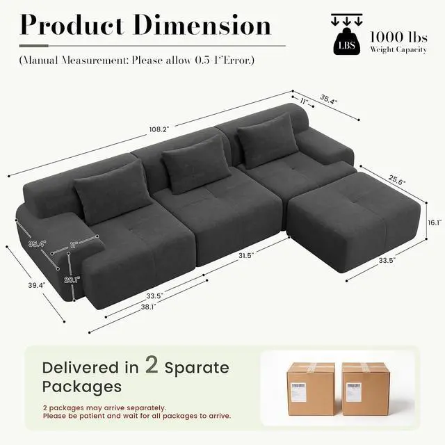 Alt view image 2 of 7 - 108'' Modular Sectional Boneless Couch, Tufted Cloud Sectional Couches for Living Room, L Shape Deep Seat Sofa with Ottoman & 3 Throw Pillows,Corduroy Oversized Couch,Dark Grey | Sectional