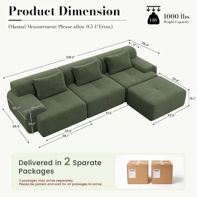 Alt view image 2 of 7 - 108'' Modular Sectional Boneless Sofa, Tufted Sectional Couches for Living Room,Oversized L Shape Deep Seat Sofa with Ottoman & 3 Throw Pillows,Corduroy Cloud Couch,Green