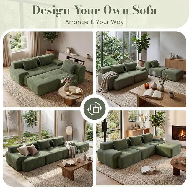 Alt view image 3 of 7 - 108'' Modular Sectional Boneless Sofa, Tufted Sectional Couches for Living Room,Oversized L Shape Deep Seat Sofa with Ottoman & 3 Throw Pillows,Corduroy Cloud Couch,Green