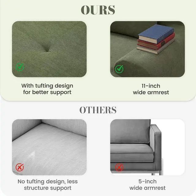 Alt view image 6 of 7 - 108'' Modular Sectional Boneless Sofa, Tufted Sectional Couches for Living Room,Oversized L Shape Deep Seat Sofa with Ottoman & 3 Throw Pillows,Corduroy Cloud Couch,Green