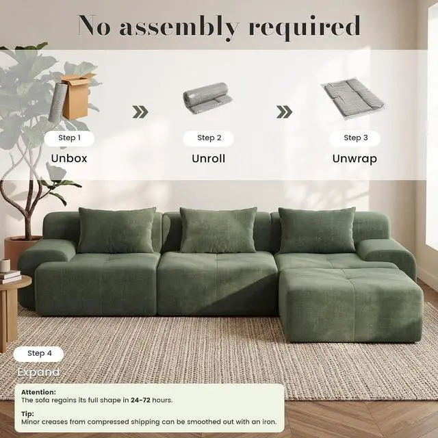 Alt view image 4 of 7 - 108'' Modular Sectional Boneless Sofa, Tufted Sectional Couches for Living Room,Oversized L Shape Deep Seat Sofa with Ottoman & 3 Throw Pillows,Corduroy Cloud Couch,Green