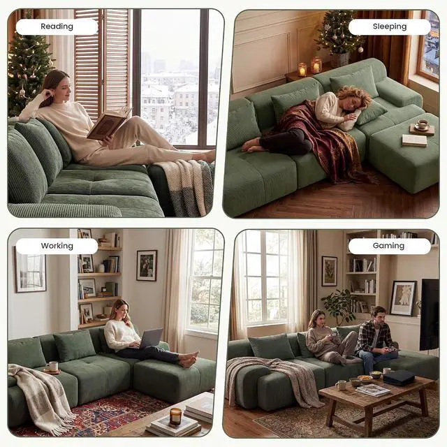 Alt view image 5 of 7 - 108'' Modular Sectional Boneless Sofa, Tufted Sectional Couches for Living Room,Oversized L Shape Deep Seat Sofa with Ottoman & 3 Throw Pillows,Corduroy Cloud Couch,Green