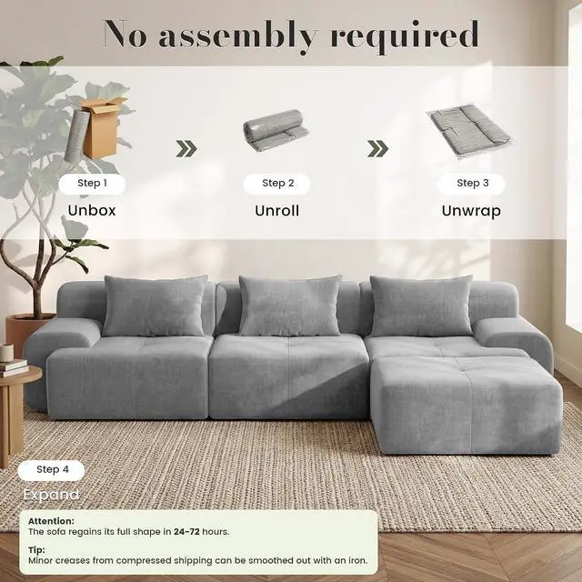 Alt view image 4 of 7 - 108'' Modular Sectional Boneless Couch, Tufted Cloud Sectional Couches for Living Room, L Shape Deep Seat Sofa with Ottoman & 3 Throw Pillows,Corduroy Oversized Couch,Light Grey