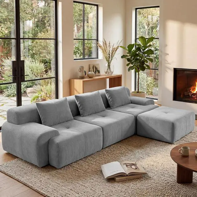 Main image of 108'' Modular Sectional Boneless Couch, Tufted Cloud Sectional Couches for Living Room, L Shape Deep Seat Sofa with Ottoman & 3 Throw Pillows,Corduroy Oversized Couch,Light Grey