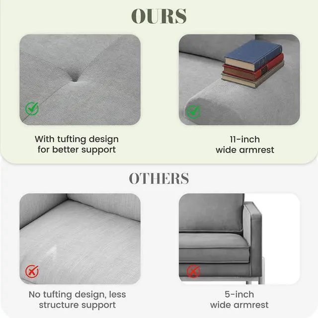 Alt view image 6 of 7 - 108'' Modular Sectional Boneless Couch, Tufted Cloud Sectional Couches for Living Room, L Shape Deep Seat Sofa with Ottoman & 3 Throw Pillows,Corduroy Oversized Couch,Light Grey