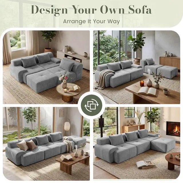 Alt view image 3 of 7 - 108'' Modular Sectional Boneless Couch, Tufted Cloud Sectional Couches for Living Room, L Shape Deep Seat Sofa with Ottoman & 3 Throw Pillows,Corduroy Oversized Couch,Light Grey