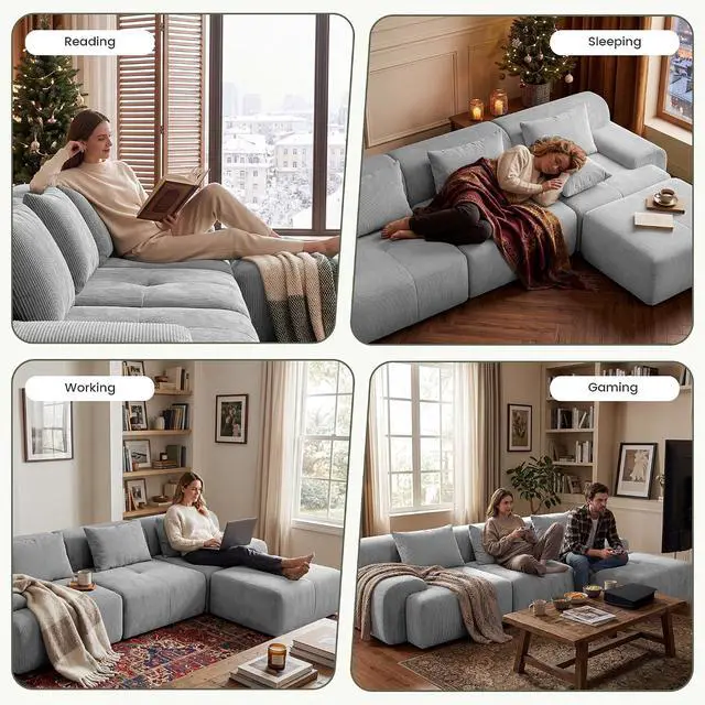 Alt view image 5 of 7 - 108'' Modular Sectional Boneless Couch, Tufted Cloud Sectional Couches for Living Room, L Shape Deep Seat Sofa with Ottoman & 3 Throw Pillows,Corduroy Oversized Couch,Light Grey