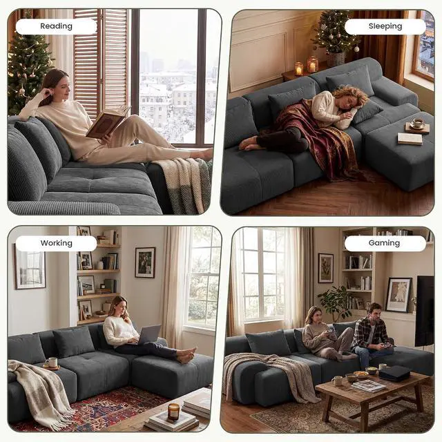 Alt view image 5 of 7 - 118'' Modular Sectional Oversized Boneless Couch, Tufted Cloud Sectional Couches for Living Room, L Shape Deep Seat Sofa with Ottoman & 3 Throw Pillows,Corduroy Couch,Dark Grey