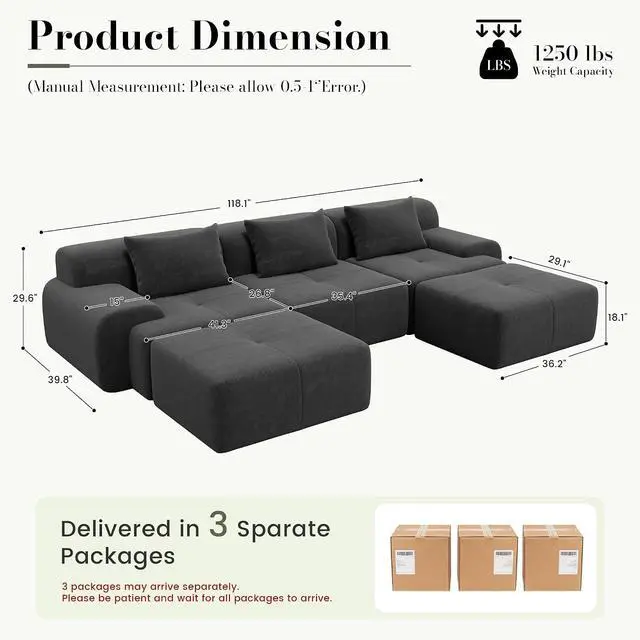 Alt view image 2 of 7 - 118'' Modular Sectional Oversized Boneless Couch, Tufted Cloud Sectional Couches for Living Room, U Shape Deep Seat Sofa with 2 Ottoman & 3 Throw Pillows,Corduroy Couch,Dark Grey