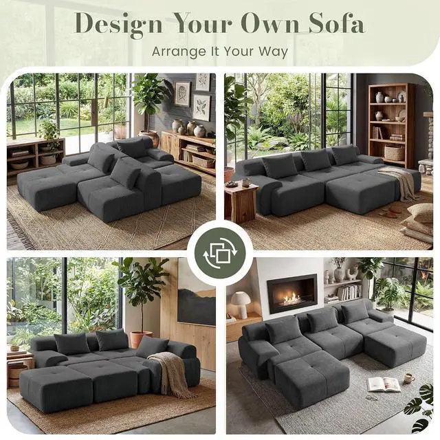 Alt view image 3 of 7 - 118'' Modular Sectional Oversized Boneless Couch, Tufted Cloud Sectional Couches for Living Room, U Shape Deep Seat Sofa with 2 Ottoman & 3 Throw Pillows,Corduroy Couch,Dark Grey