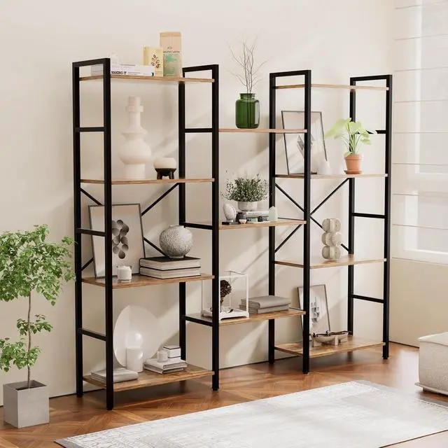 Alt view image 2 of 7 - Triple 4 Tier Book Shelf, Modern Bookcase Shelf, Freestanding Large Display Shelves for Living Room/Office/Garage, Stable Large Bookshelf with Storage for Books/LEGO/Plants, Rustic Brown