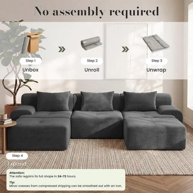 Alt view image 4 of 7 - 118'' Modular Sectional Oversized Boneless Couch, Tufted Cloud Sectional Couches for Living Room, U Shape Deep Seat Sofa with 2 Ottoman & 3 Throw Pillows,Corduroy Couch,Dark Grey