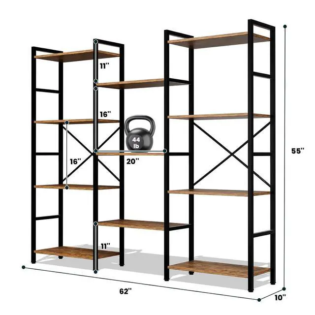Alt view image 3 of 7 - Triple 4 Tier Book Shelf, Modern Bookcase Shelf, Freestanding Large Display Shelves for Living Room/Office/Garage, Stable Large Bookshelf with Storage for Books/LEGO/Plants, Rustic Brown
