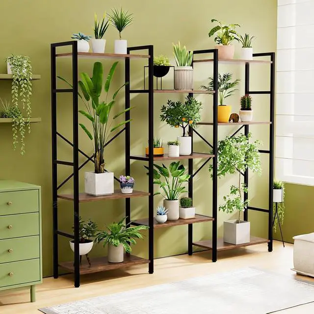 Alt view image 4 of 7 - Triple 4 Tier Book Shelf, Modern Bookcase Shelf, Freestanding Large Display Shelves for Living Room/Office/Garage, Stable Large Bookshelf with Storage for Books/LEGO/Plants, Rustic Brown