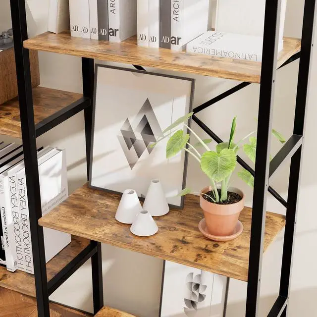 Alt view image 6 of 7 - Triple 4 Tier Book Shelf, Modern Bookcase Shelf, Freestanding Large Display Shelves for Living Room/Office/Garage, Stable Large Bookshelf with Storage for Books/LEGO/Plants, Rustic Brown
