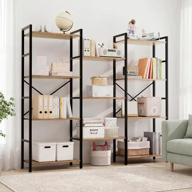 Alt view image 5 of 7 - Triple 4 Tier Book Shelf, Modern Bookcase Shelf, Freestanding Large Display Shelves for Living Room/Office/Garage, Stable Large Bookshelf with Storage for Books/LEGO/Plants, Rustic Brown