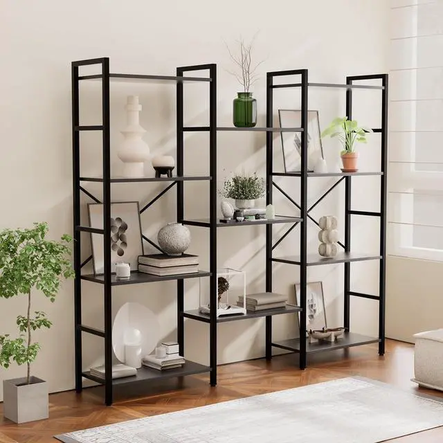 Alt view image 2 of 7 - Triple 4 Tier Book Shelf, Modern Bookcase Shelf, Freestanding Large Display Shelves for Living Room/Office/Garage, Stable Large Bookshelf with Storage for Books/LEGO/Plants, Black