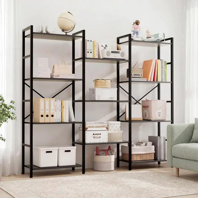 Alt view image 5 of 7 - Triple 4 Tier Book Shelf, Modern Bookcase Shelf, Freestanding Large Display Shelves for Living Room/Office/Garage, Stable Large Bookshelf with Storage for Books/LEGO/Plants, Black