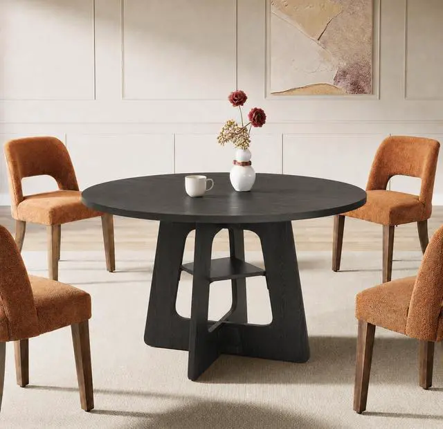 Alt view image 2 of 7 - Round Dining Table for 4-6, 47" Kitchen Table for Dining Room, Modern Black Dining Table, Circle Kitchen Table for Living Room, Apartment