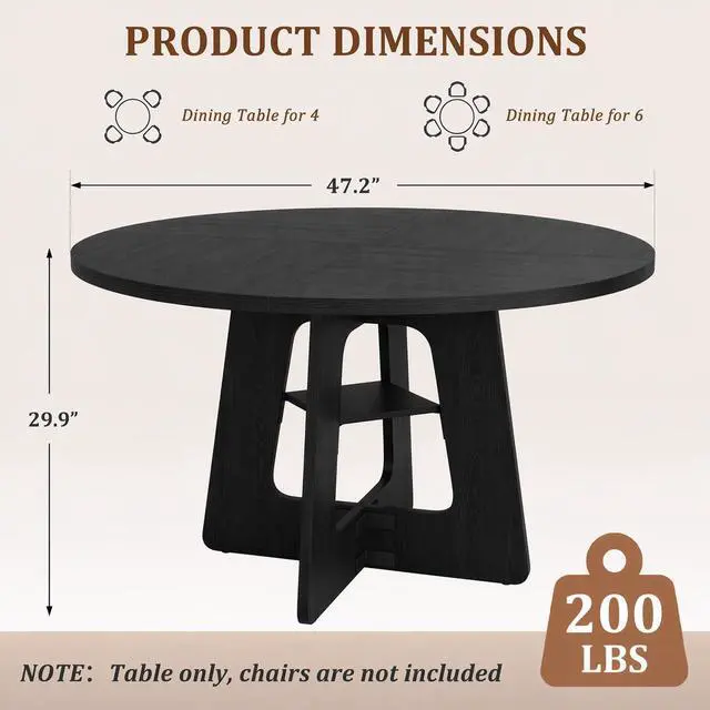 Alt view image 3 of 7 - Round Dining Table for 4-6, 47" Kitchen Table for Dining Room, Modern Black Dining Table, Circle Kitchen Table for Living Room, Apartment