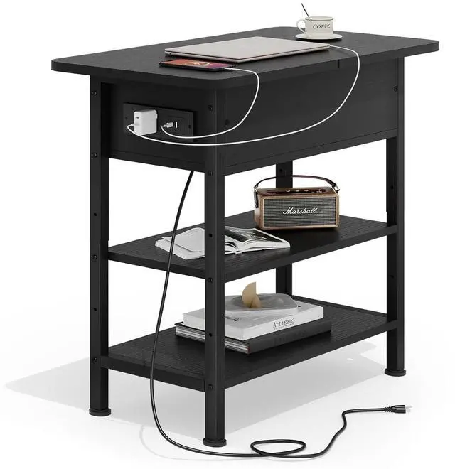 Main image of End Table with Charging Station, Flip Top Side Table with USB Ports and Outlets, 3-Tier Small Side Table with Storage for Small Space, End Tables for Living Room/Bedroom, Black