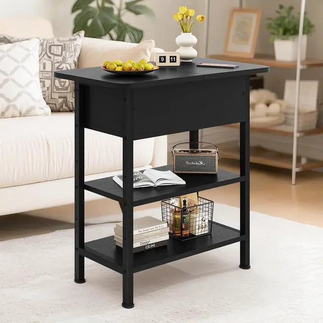 Alt view image 2 of 7 - End Table with Charging Station, Flip Top Side Table with USB Ports and Outlets, 3-Tier Small Side Table with Storage for Small Space, End Tables for Living Room/Bedroom, Black