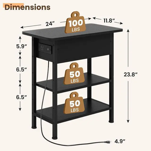 Alt view image 3 of 7 - End Table with Charging Station, Flip Top Side Table with USB Ports and Outlets, 3-Tier Small Side Table with Storage for Small Space, End Tables for Living Room/Bedroom, Black
