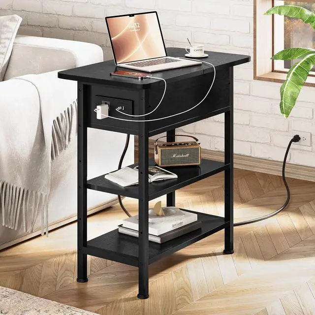 Alt view image 5 of 7 - End Table with Charging Station, Flip Top Side Table with USB Ports and Outlets, 3-Tier Small Side Table with Storage for Small Space, End Tables for Living Room/Bedroom, Black