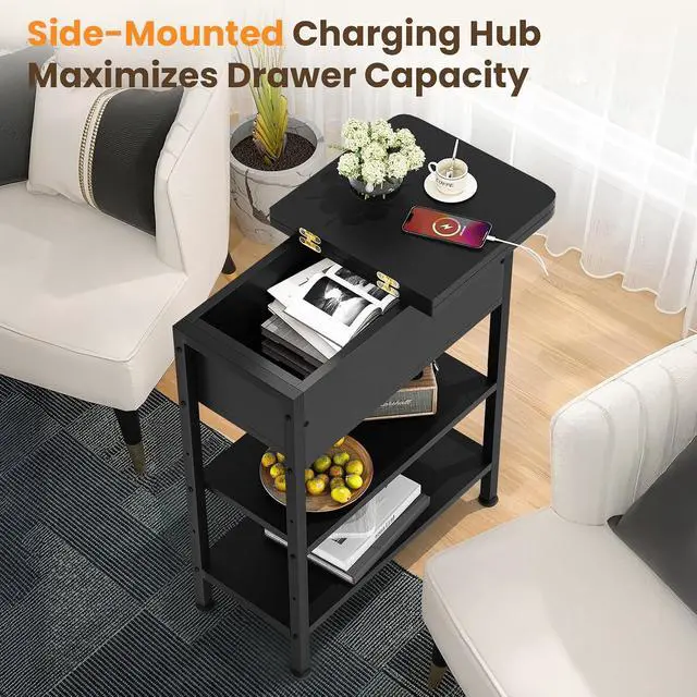 Alt view image 4 of 7 - End Table with Charging Station, Flip Top Side Table with USB Ports and Outlets, 3-Tier Small Side Table with Storage for Small Space, End Tables for Living Room/Bedroom, Black