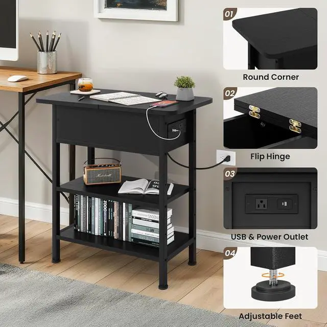 Alt view image 6 of 7 - End Table with Charging Station, Flip Top Side Table with USB Ports and Outlets, 3-Tier Small Side Table with Storage for Small Space, End Tables for Living Room/Bedroom, Black