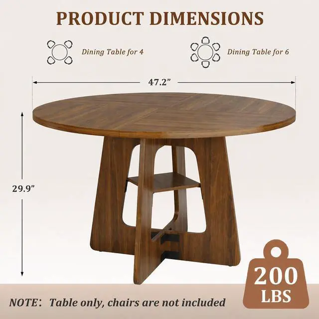 Alt view image 3 of 7 - Round Dining Table for 4-6, 47" Kitchen Table for Dining Room, Circle Farmhouse Kitchen Table, Wood Dinner Table for Kitchen, Living Room, Apartment