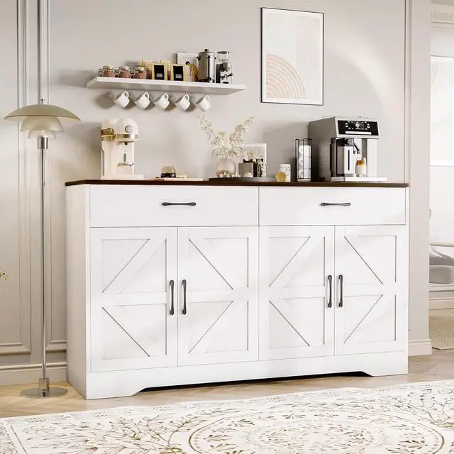 Alt view image 2 of 7 - Sideboard Buffet Cabinet with Storage, 55.1" Large Kitchen Storage Sideboard with Drawers & Doors, Modern Wood Farmhouse Coffee Bar Cabinet, Buffet Table for Kitchen, Living Room, White, 55.1INCH