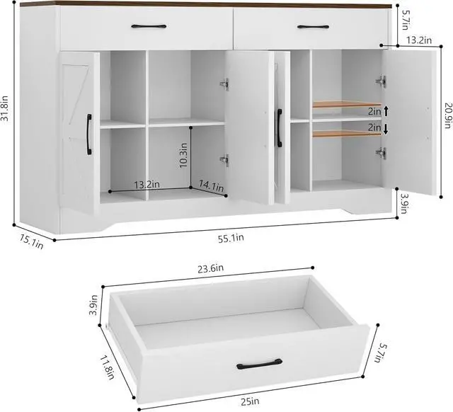 Alt view image 3 of 7 - Sideboard Buffet Cabinet with Storage, 55.1" Large Kitchen Storage Sideboard with Drawers & Doors, Modern Wood Farmhouse Coffee Bar Cabinet, Buffet Table for Kitchen, Living Room, White, 55.1INCH