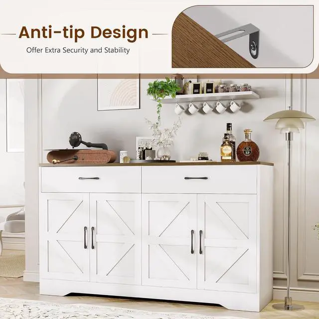 Alt view image 5 of 7 - Sideboard Buffet Cabinet with Storage, 55.1" Large Kitchen Storage Sideboard with Drawers & Doors, Modern Wood Farmhouse Coffee Bar Cabinet, Buffet Table for Kitchen, Living Room, White, 55.1INCH