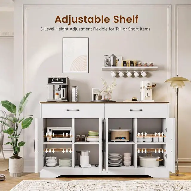 Alt view image 6 of 7 - Sideboard Buffet Cabinet with Storage, 55.1" Large Kitchen Storage Sideboard with Drawers & Doors, Modern Wood Farmhouse Coffee Bar Cabinet, Buffet Table for Kitchen, Living Room, White, 55.1INCH