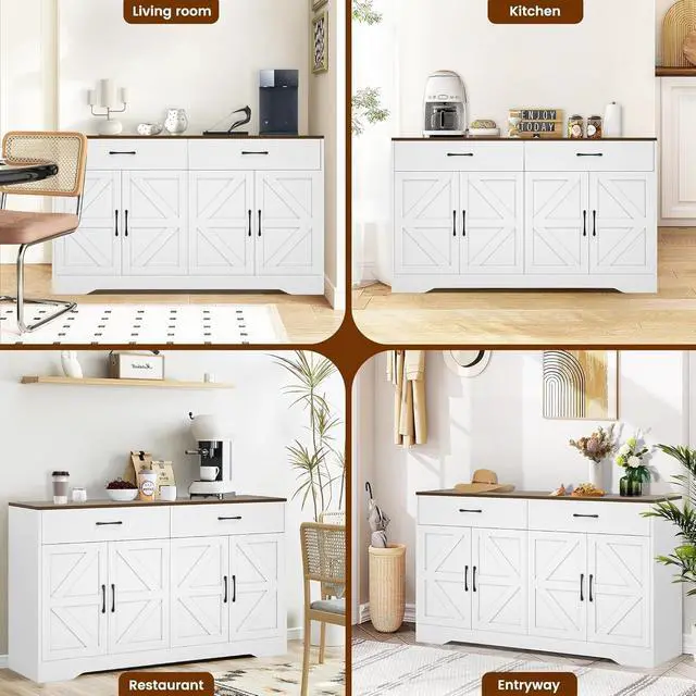 Alt view image 7 of 7 - Sideboard Buffet Cabinet with Storage, 55.1" Large Kitchen Storage Sideboard with Drawers & Doors, Modern Wood Farmhouse Coffee Bar Cabinet, Buffet Table for Kitchen, Living Room, White, 55.1INCH