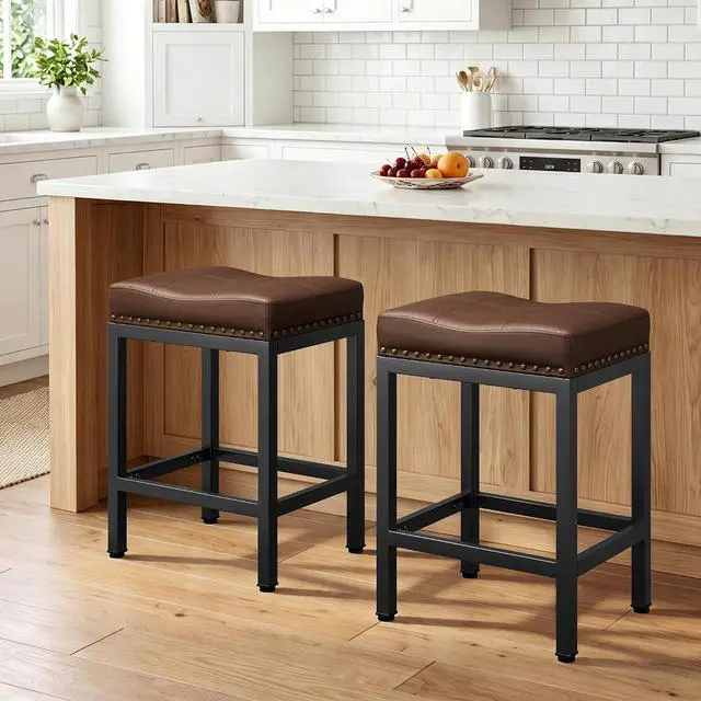 Main image of 24 Inch Bar Stools Set of 2, Counter Height PU Leather Kitchen Chairs with Footrest & Metal Legs, Modern Backless Saddle Stools for Island, Dining, Space-Saving, Brown