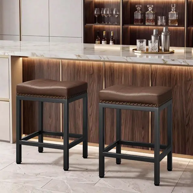 Alt view image 7 of 7 - 24 Inch Bar Stools Set of 2, Counter Height PU Leather Kitchen Chairs with Footrest & Metal Legs, Modern Backless Saddle Stools for Island, Dining, Space-Saving, Brown