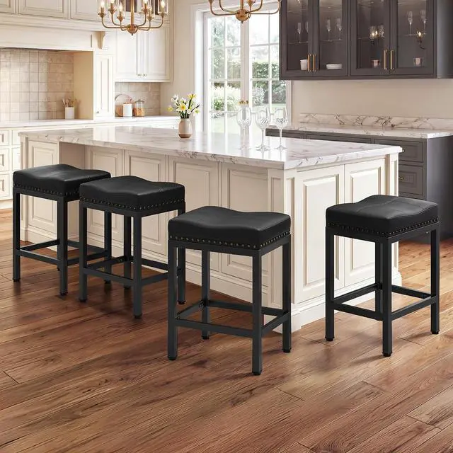 Main image of 24 Inch Bar Stools Set of 4, Counter Height PU Leather Kitchen Chairs with Footrest & Metal Legs, Modern Backless Saddle Stools for Island, Dining, Space-Saving, Black